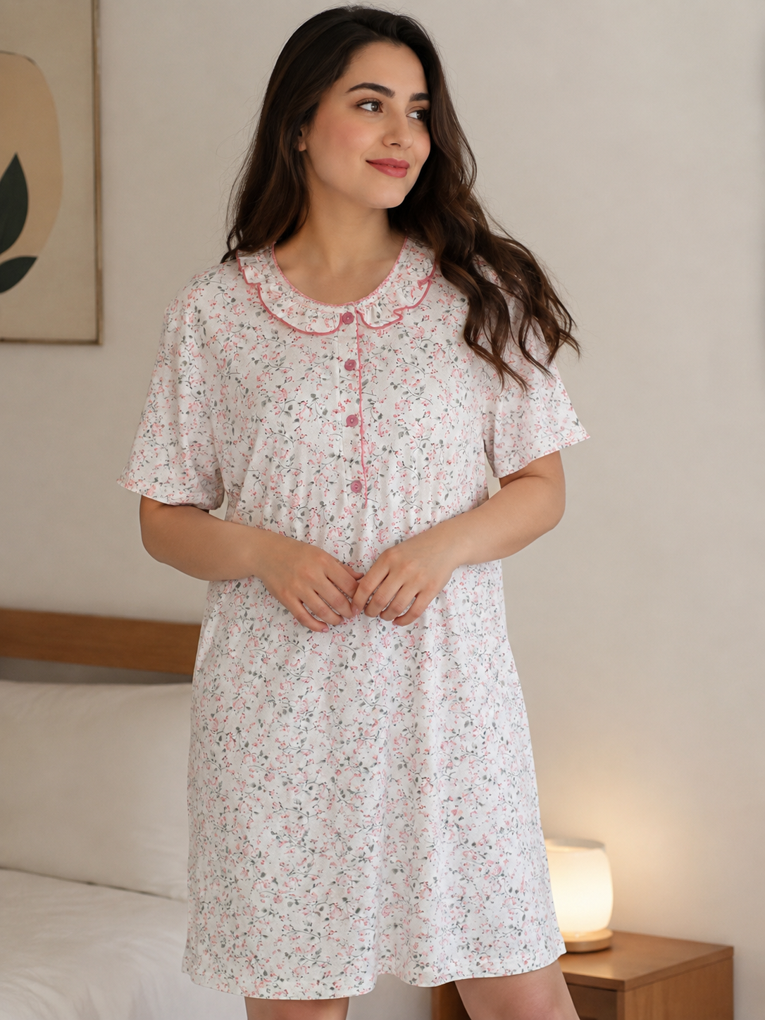 پیراهن زنانه پنبهای گلدار آستین کوتاه راکی رز